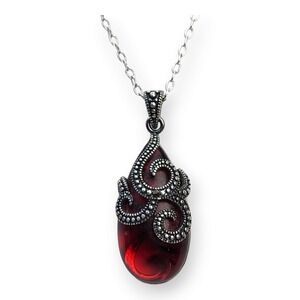 PAJ Necklace Glass 18 In Red Vintage Scroll Drop Gothic Pendant